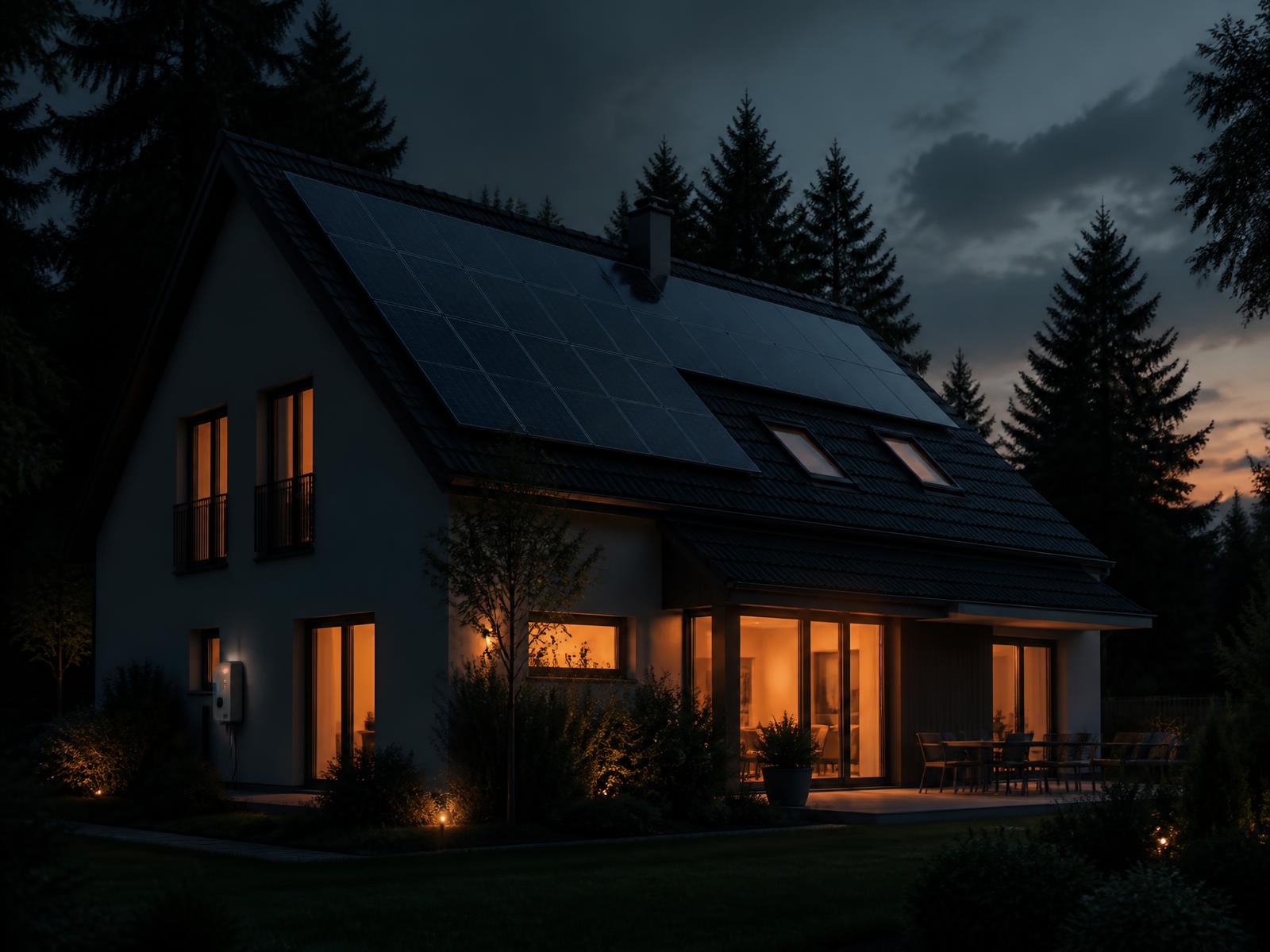 Modernes Haus mit Photovoltaikanlage in der Abenddämmerung